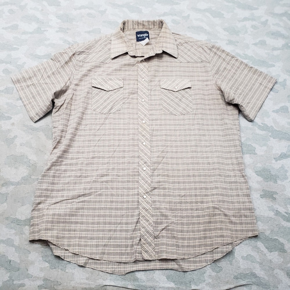Wrangler Western Shirt Mens XL Tan Plaid Pockets Pearl Snap Short Sleeve Western